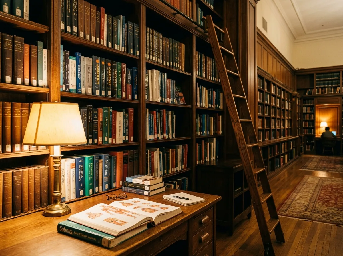 Медицинская библиотека с книгами и медицинскими атласами на полках, тёплый свет ламп