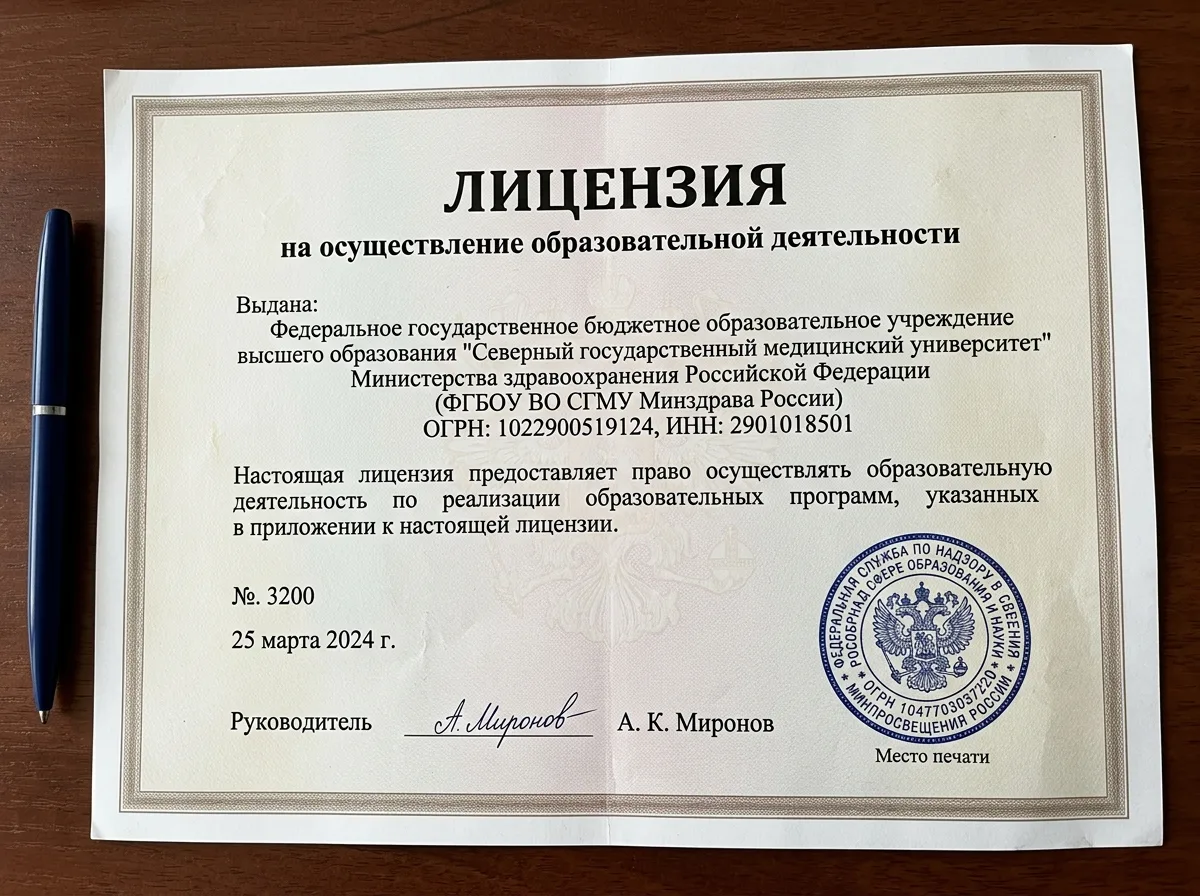 Подлинная лицензия на образовательную деятельность в сфере медицины, документ с печатью Рособрнадзора